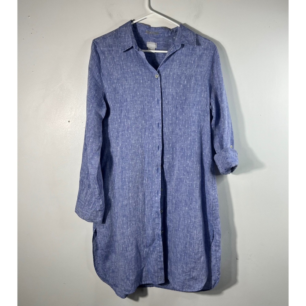 Chicos No-Iron FreshChic Blue Linen Jacquard Roll Tab Tunic Shirt Size 0 S 4/6